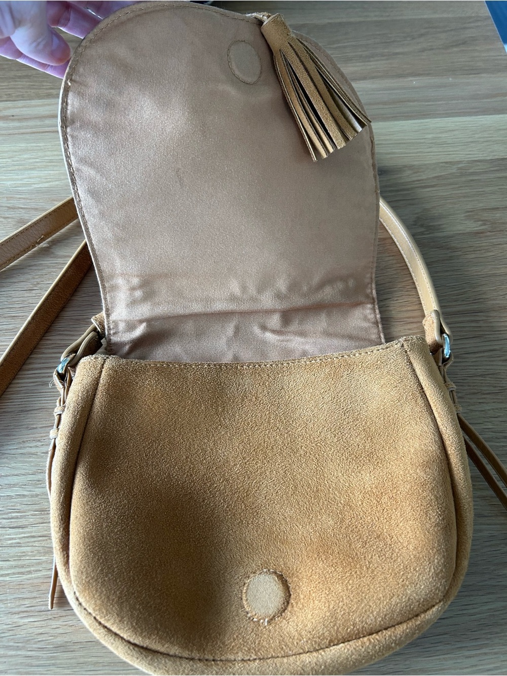 Mustard Suede Crossbody Saddle Bag with Braided Detail - Picture 3 of 6